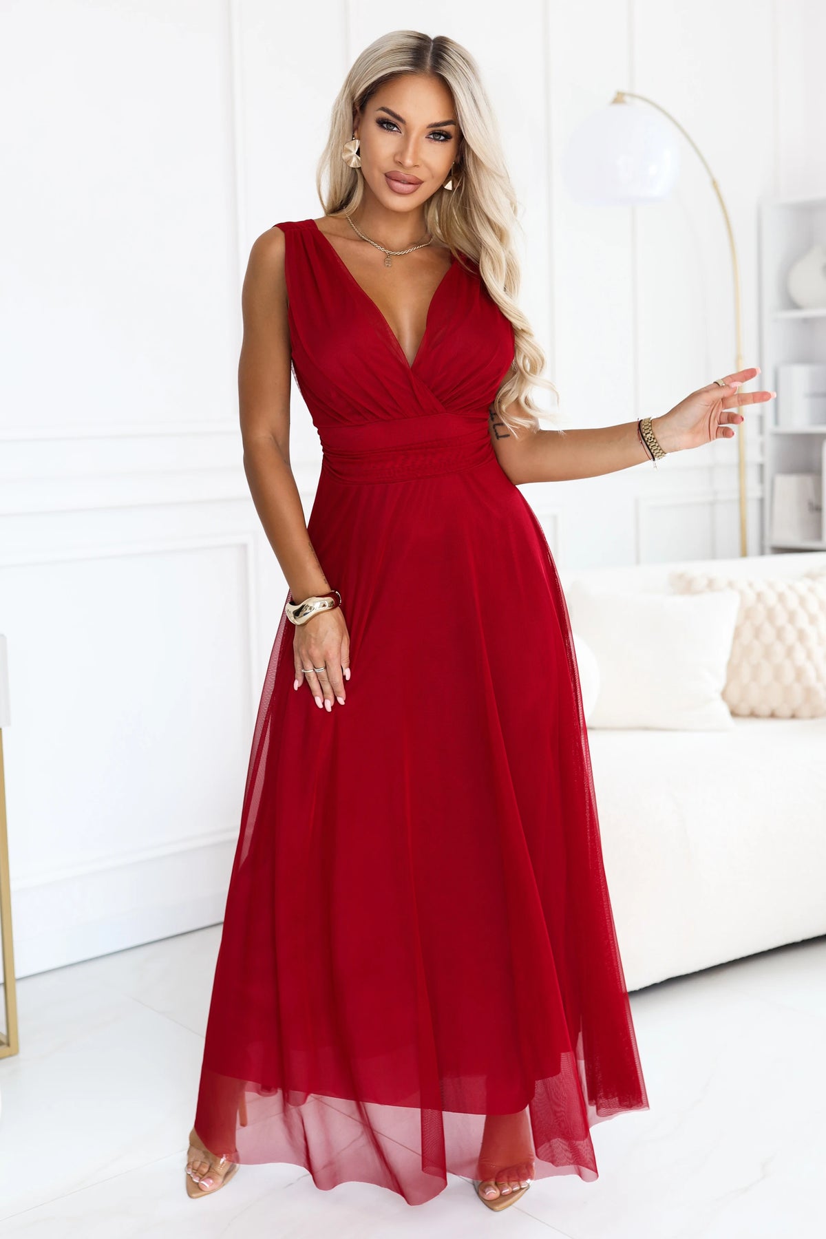 Elegant maxi dress with a wrap neckline and open back – Light Burgundy