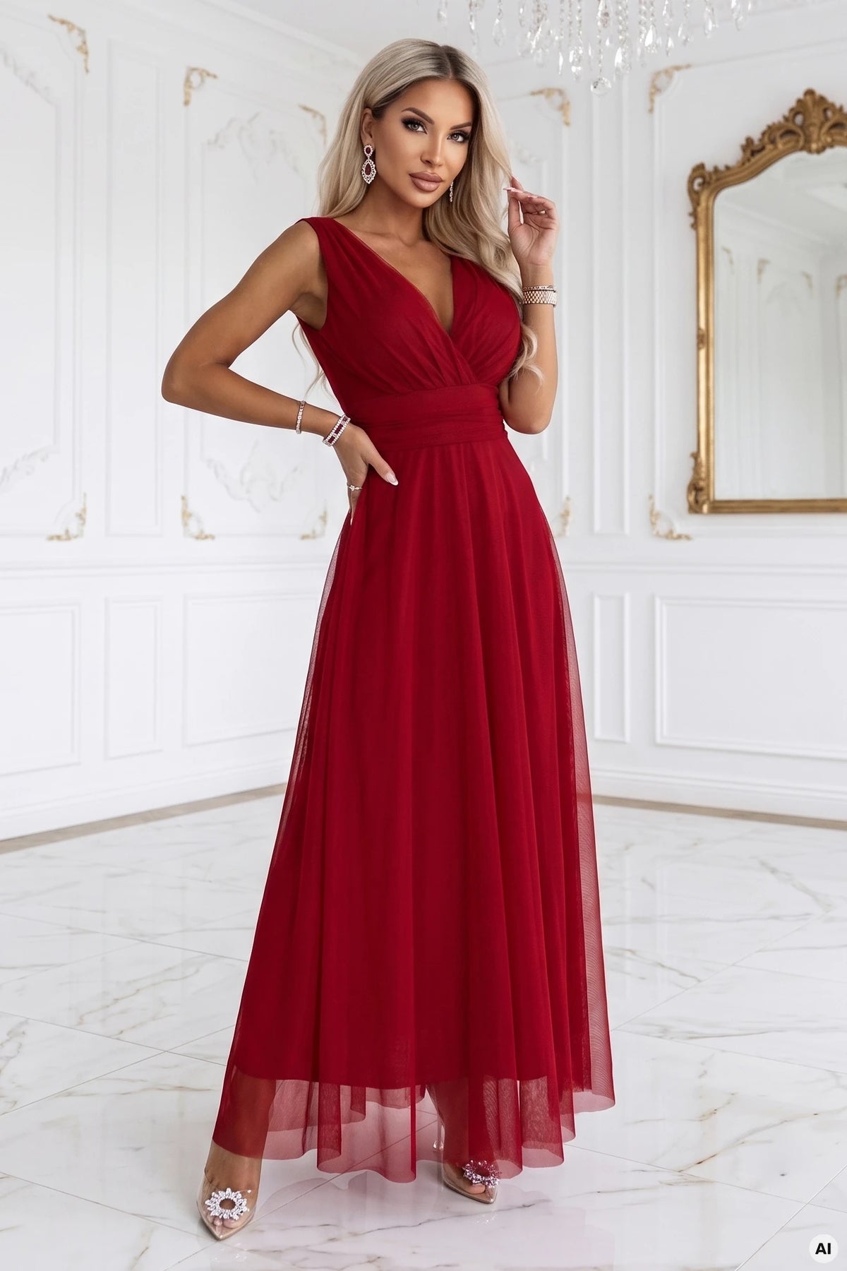 Elegant maxi dress with a wrap neckline and open back – Light Burgundy