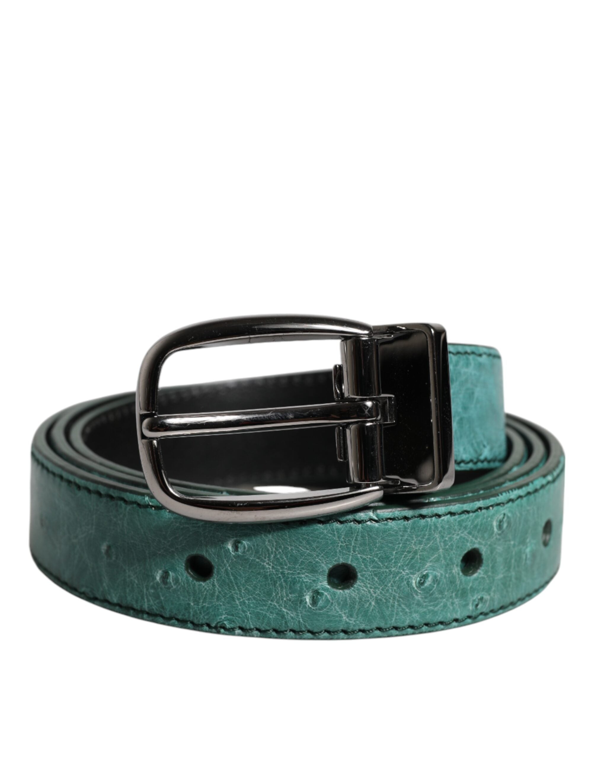 Green Leather Silver Tone Metal Buckle Belt