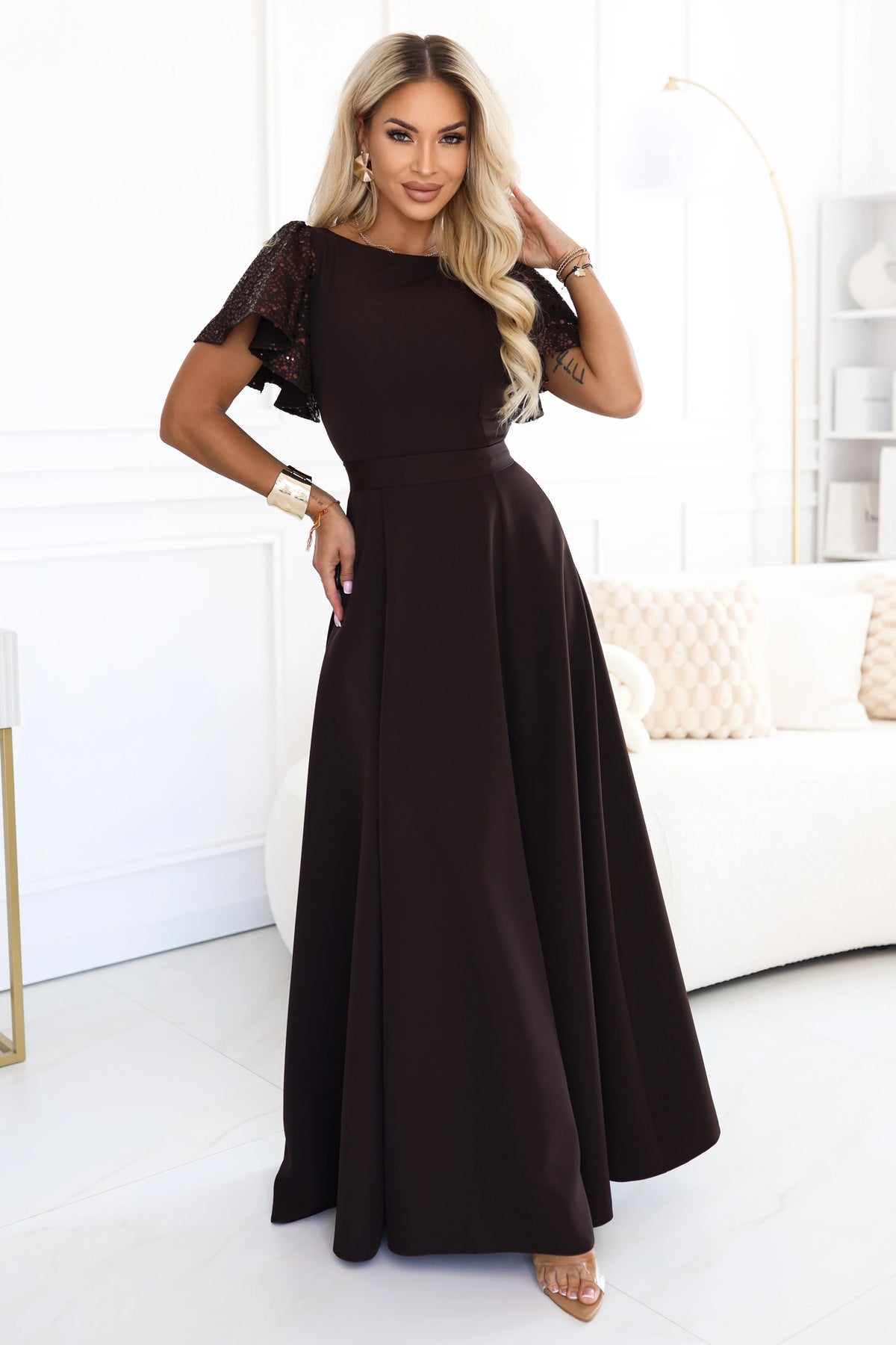 MIRELLA Elegant flared maxi dress with sequin sleeves – Chocolate Brown