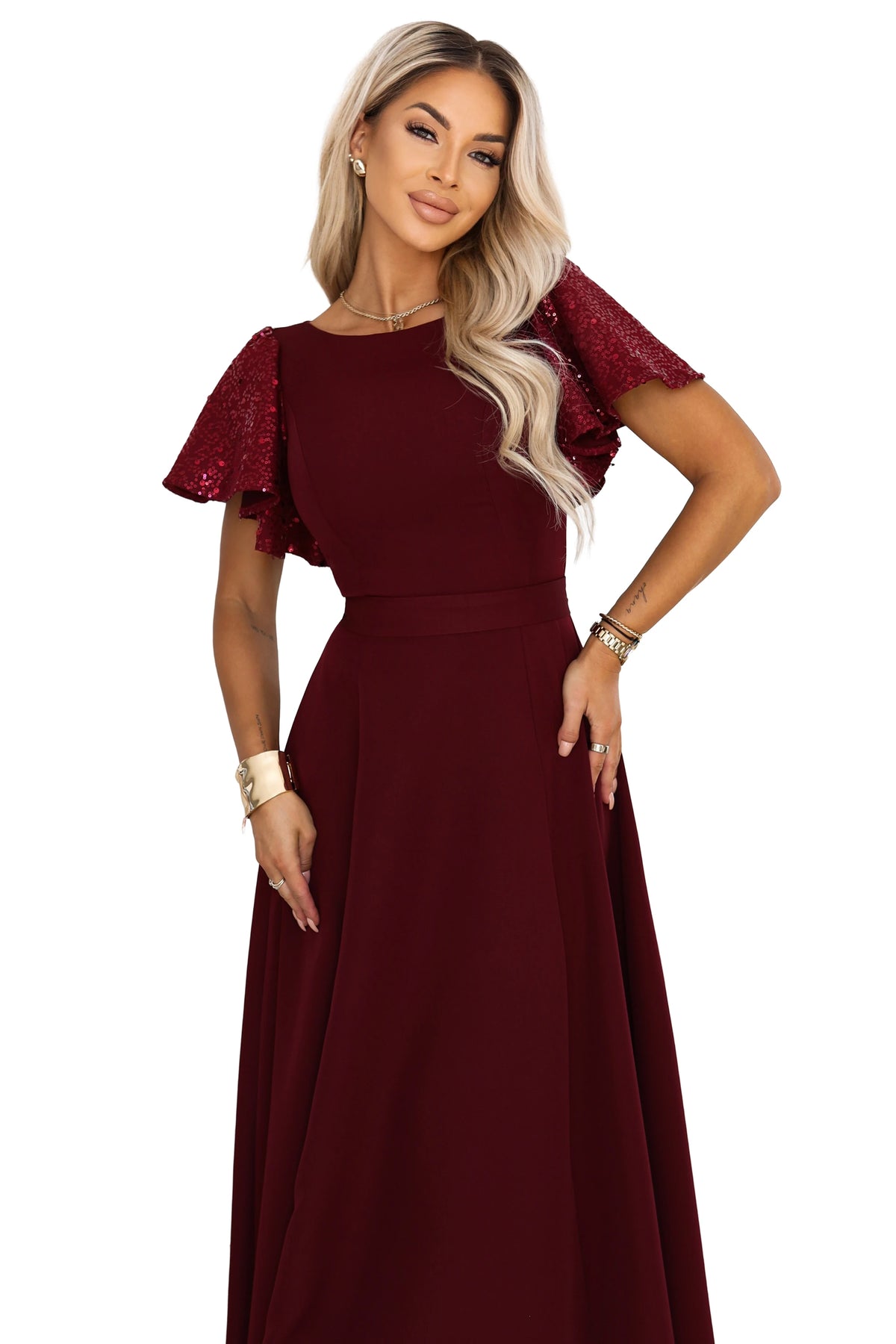 MIRELLA Elegant flared maxi dress with sequin sleeves – Burgundy