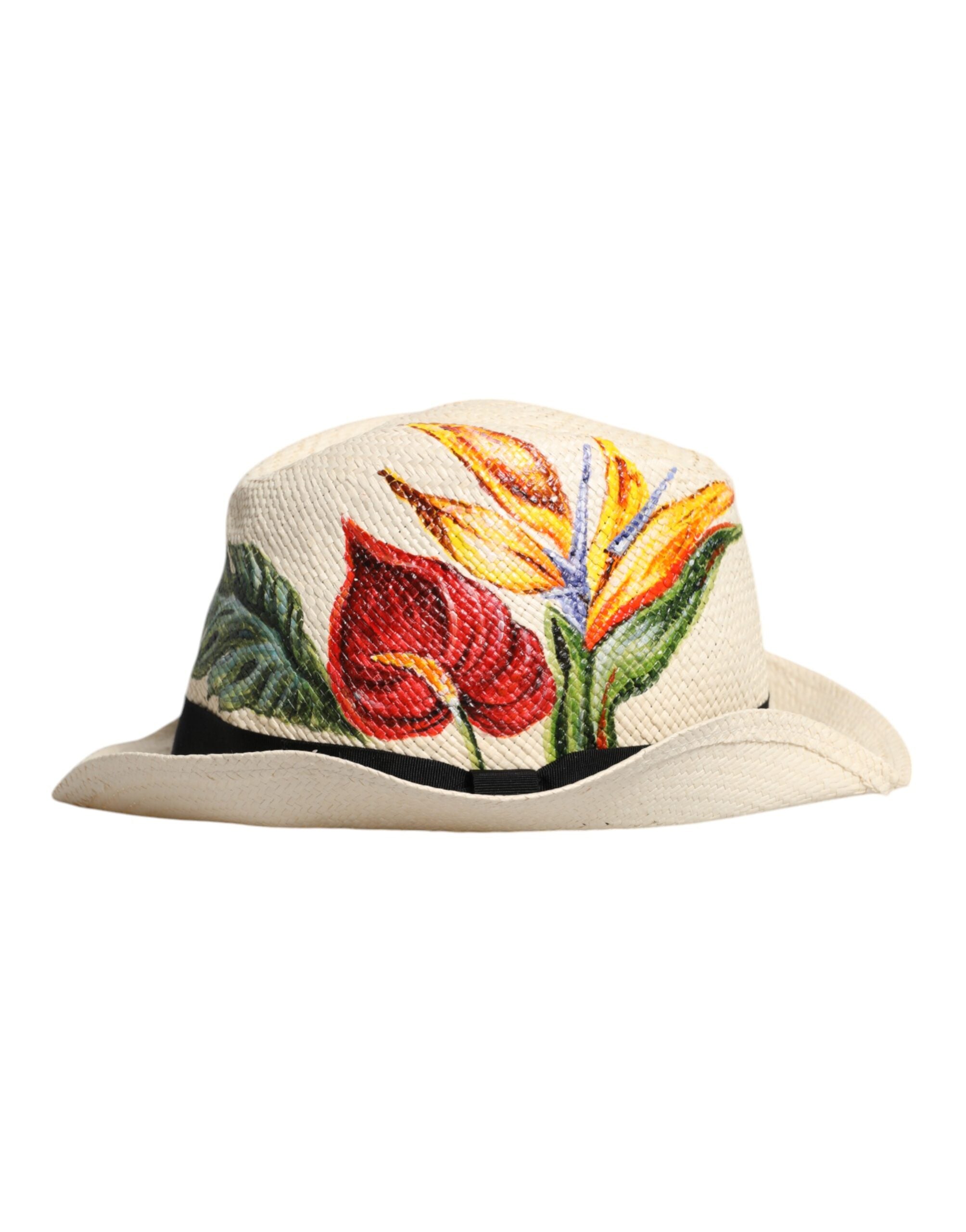 Béžový květinový vzor slaměný klobouk fedora se širokou krempou