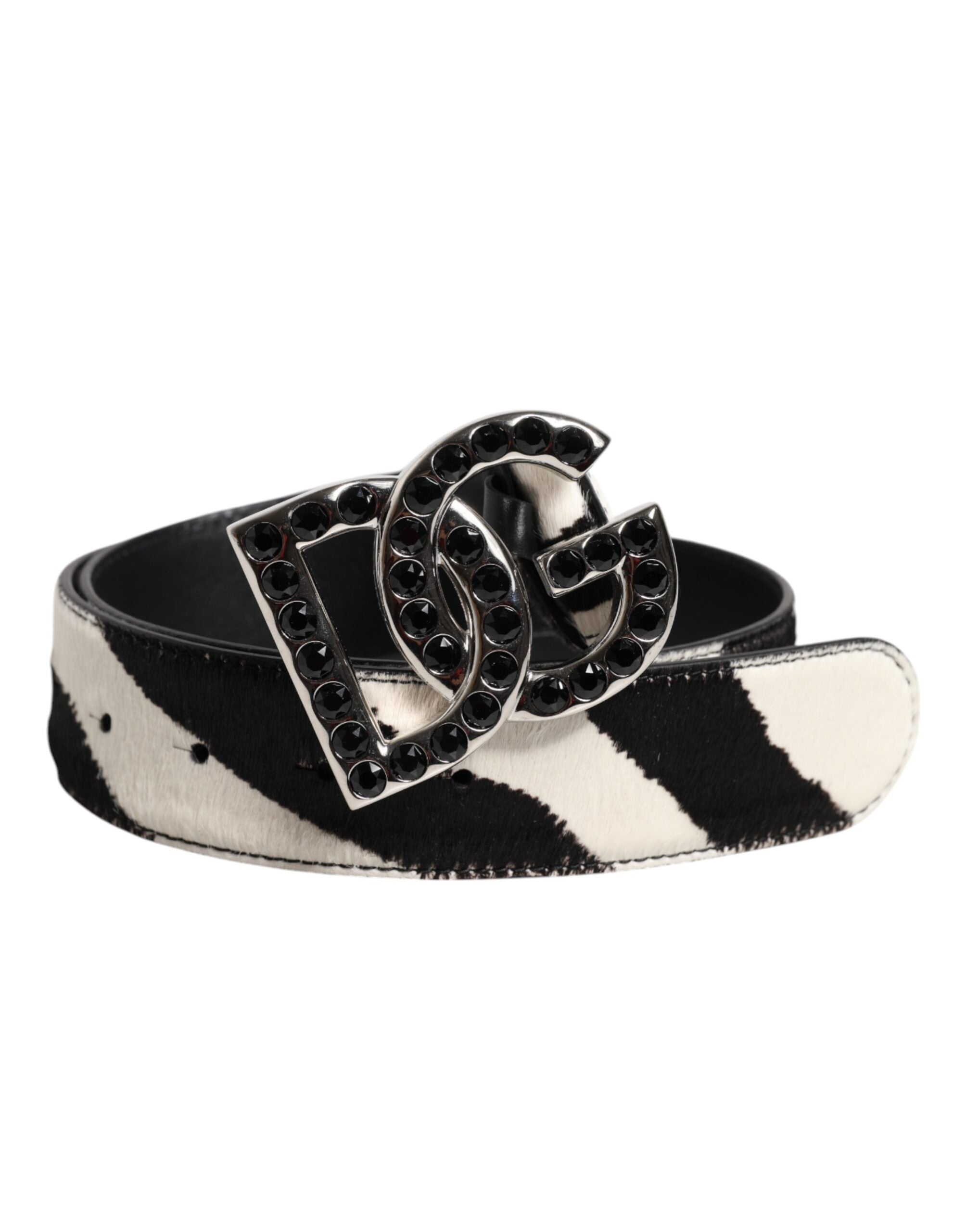 Bílo-černý kožený opasek s krystalovou přezkou DG Zebra