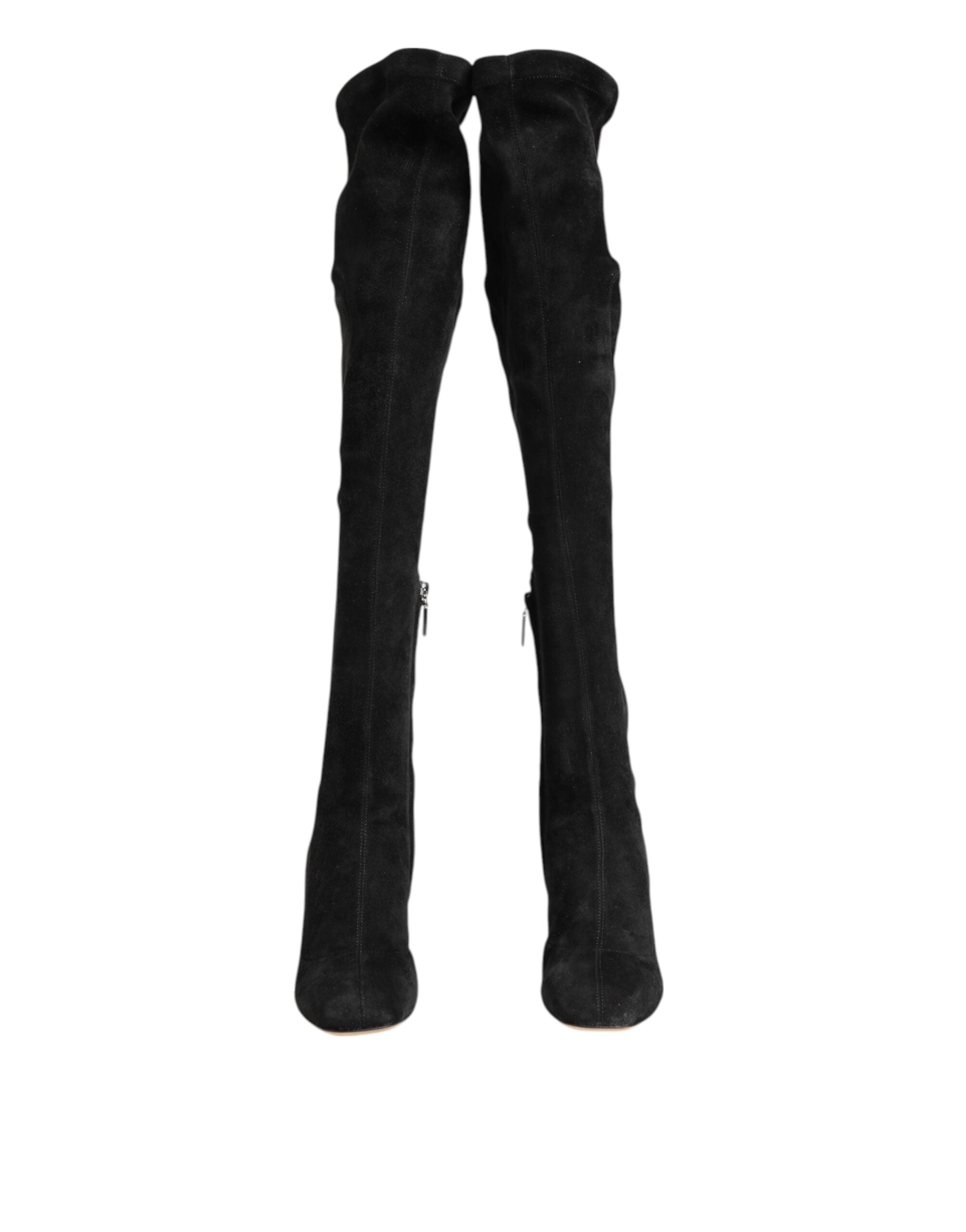 Black Suede Leather Knee High Boots Shoes