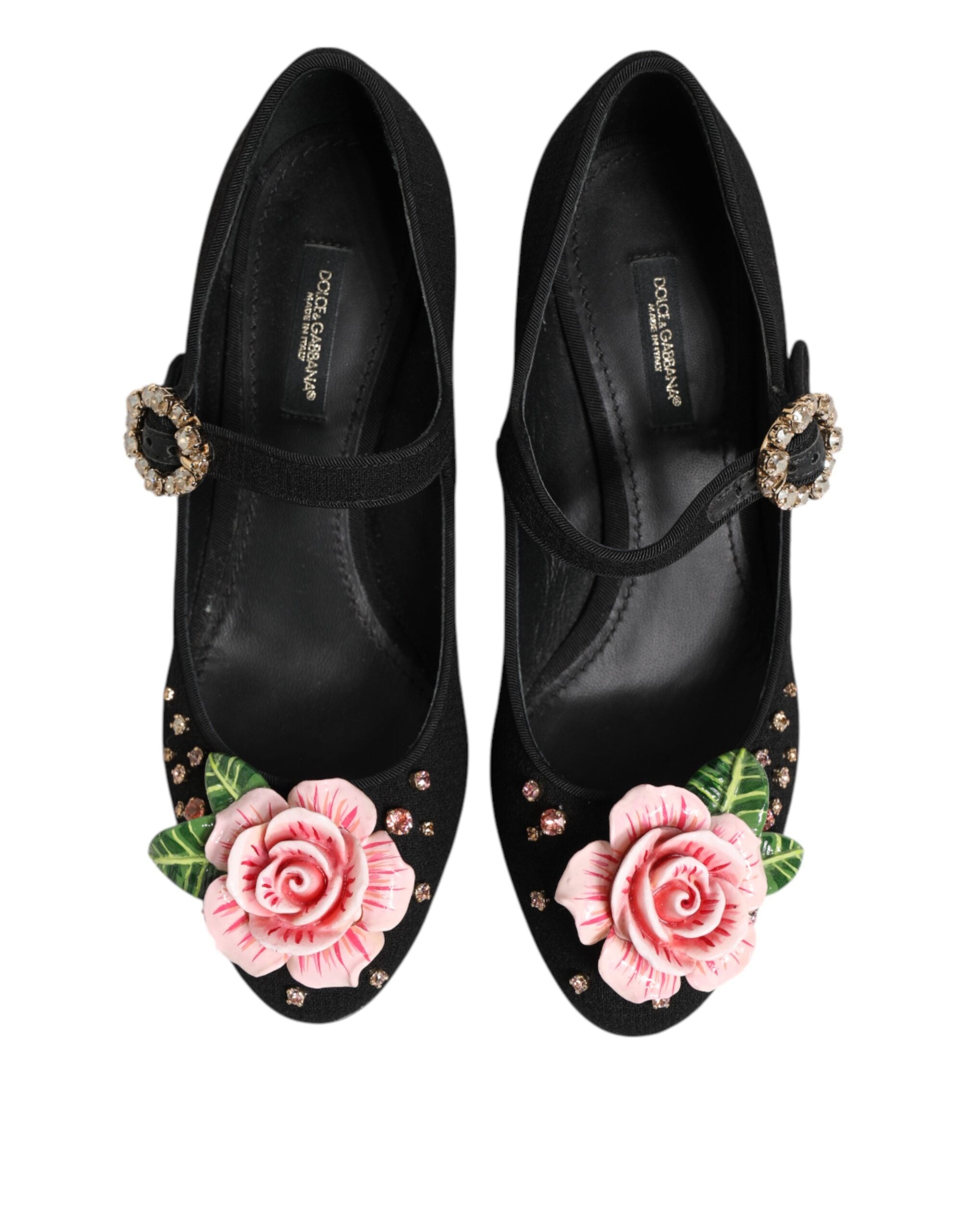 Black Flower Crystal Embellished Mary Jane Shoes