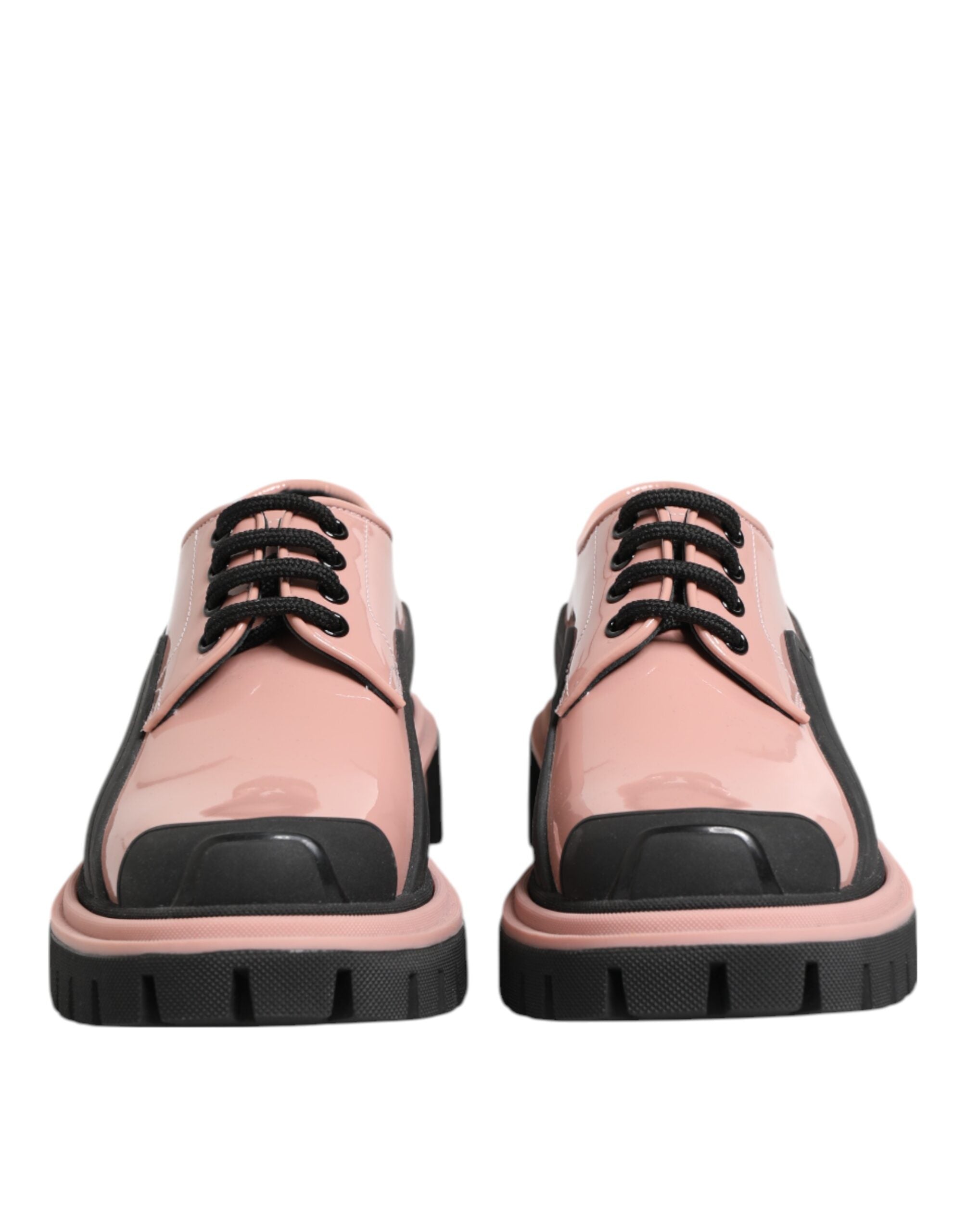 Light Powder Pink Black Leather Lace-Up Shoes