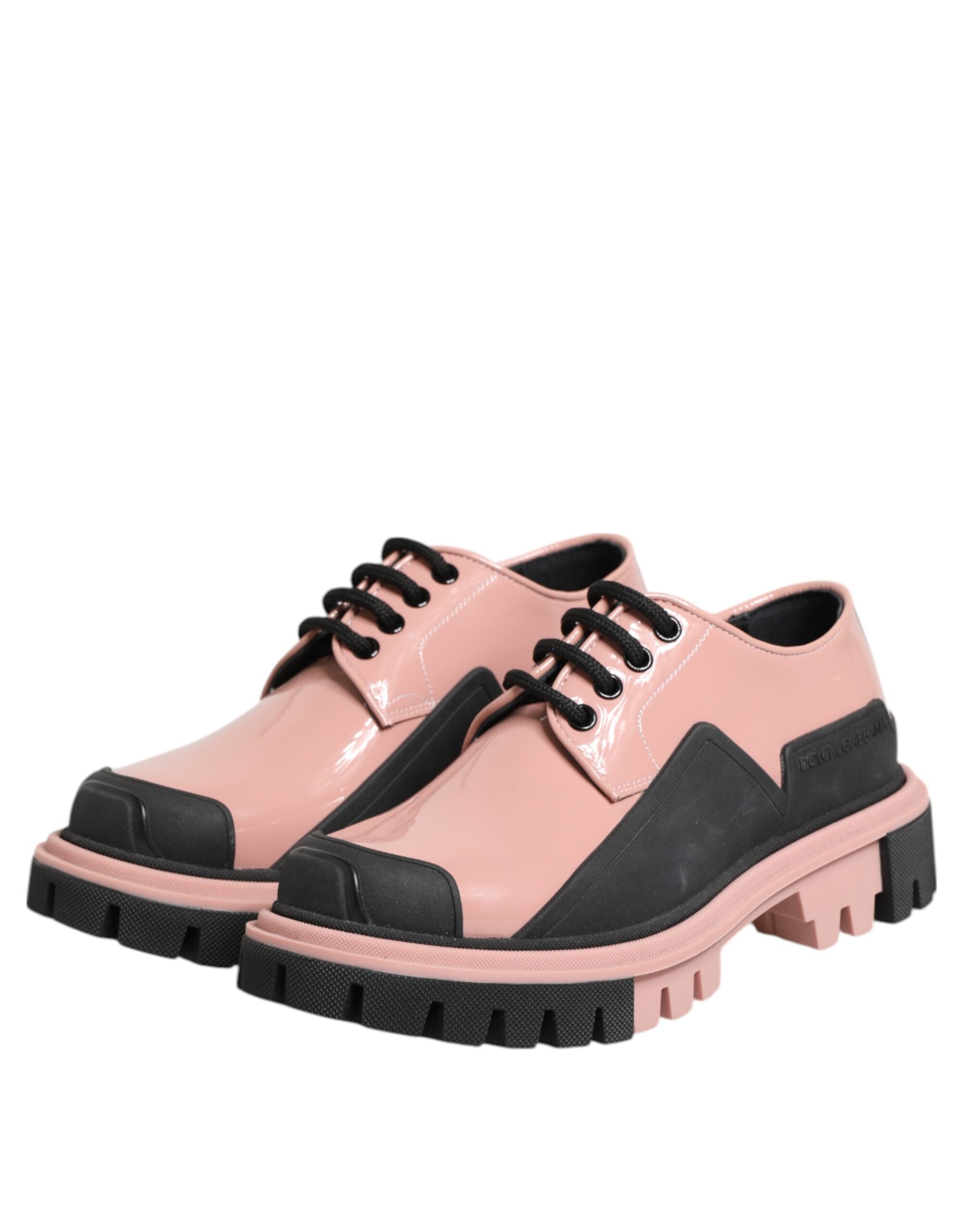 Light Powder Pink Black Leather Lace-Up Shoes
