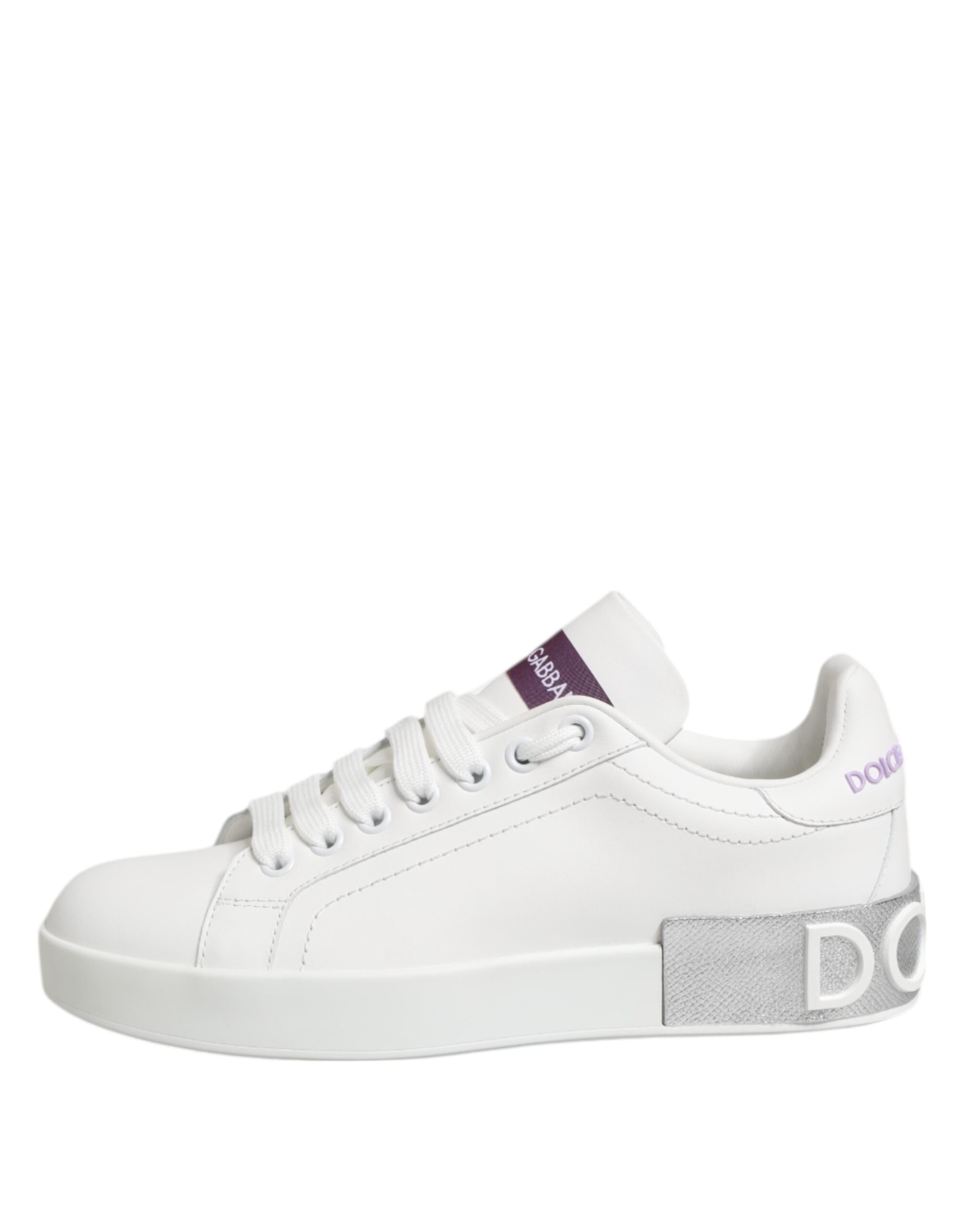 White Purple Leather Low Top Sneakers Shoes
