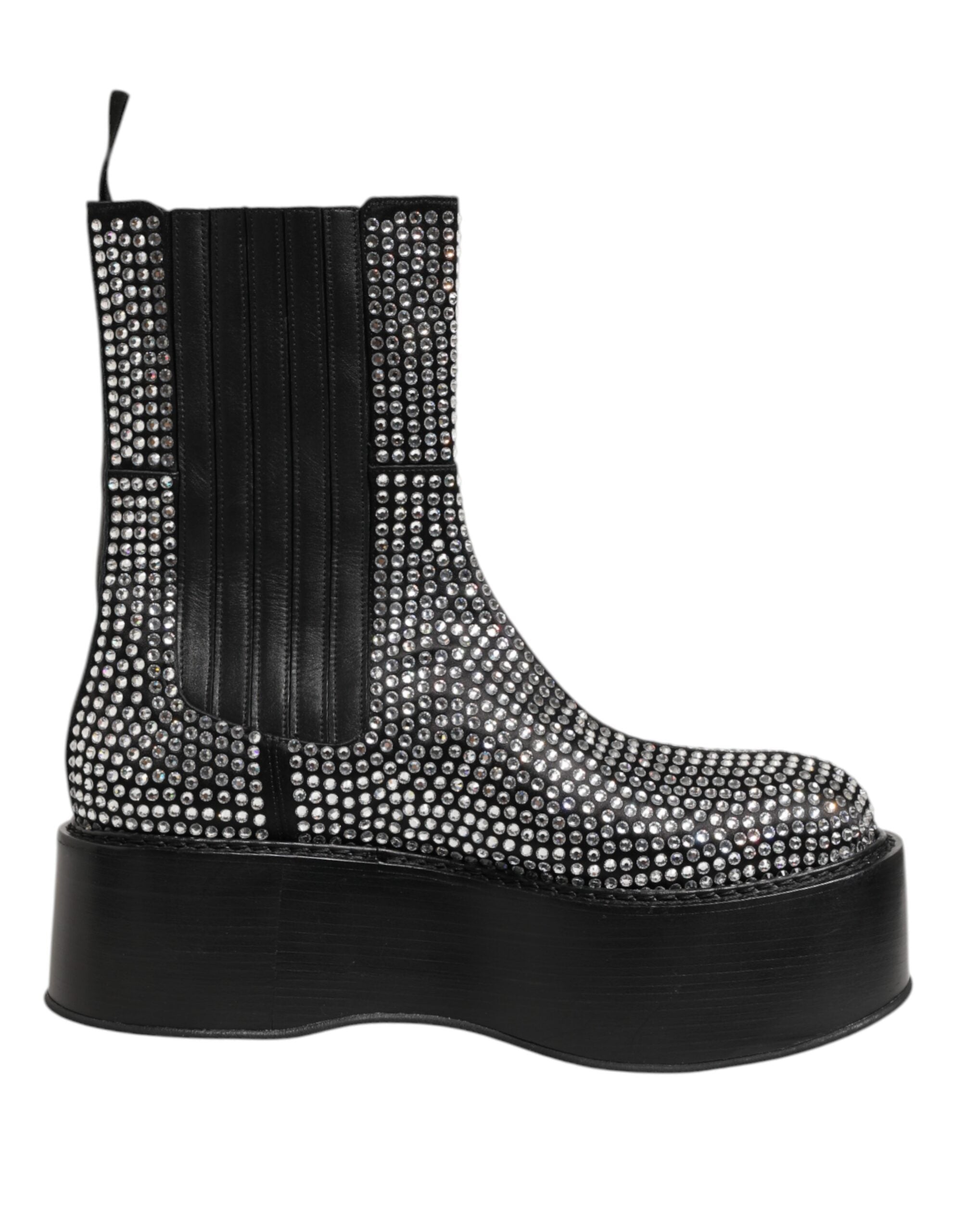 Black Crystal Strass Mid Calf Short Boots  Shoes