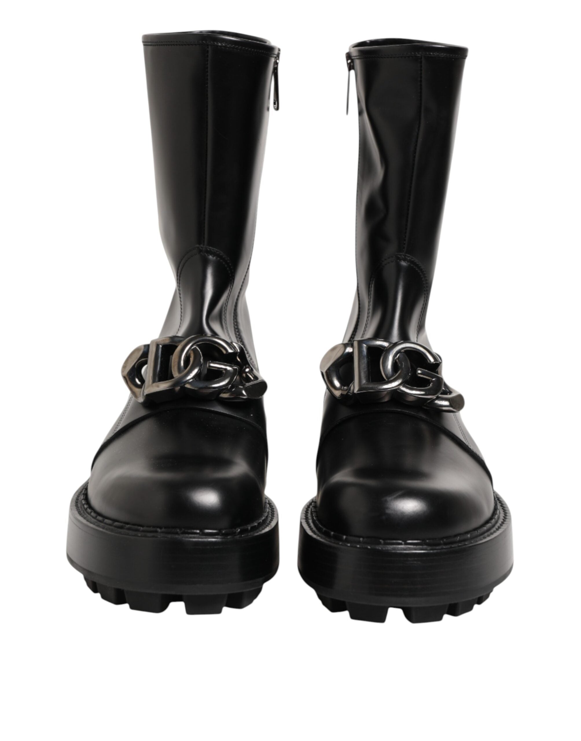 Black Logo Plaque Mid Calf Biker Boots Shoes