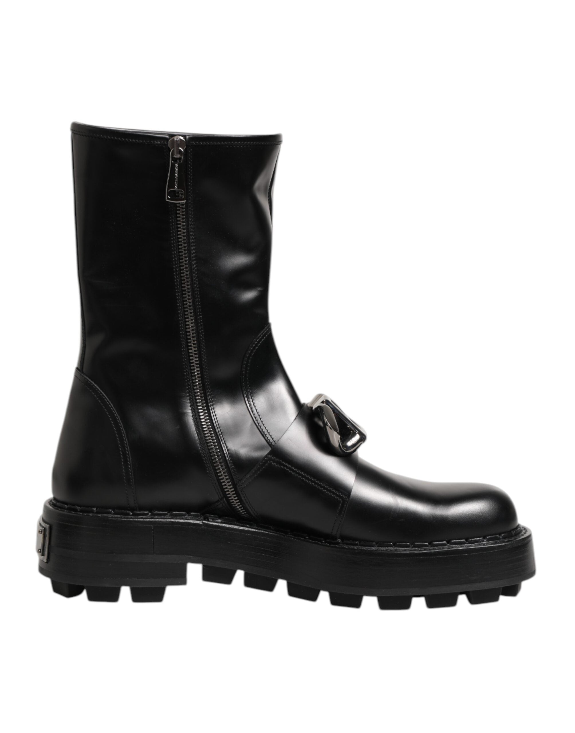 Black Logo Plaque Mid Calf Biker Boots Shoes
