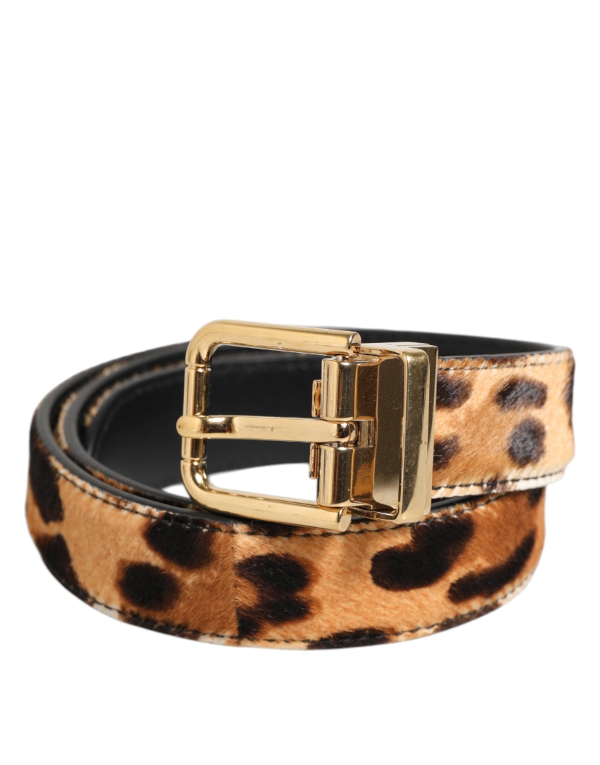 Brown Leather Leopard Print Metal Buckle Belt