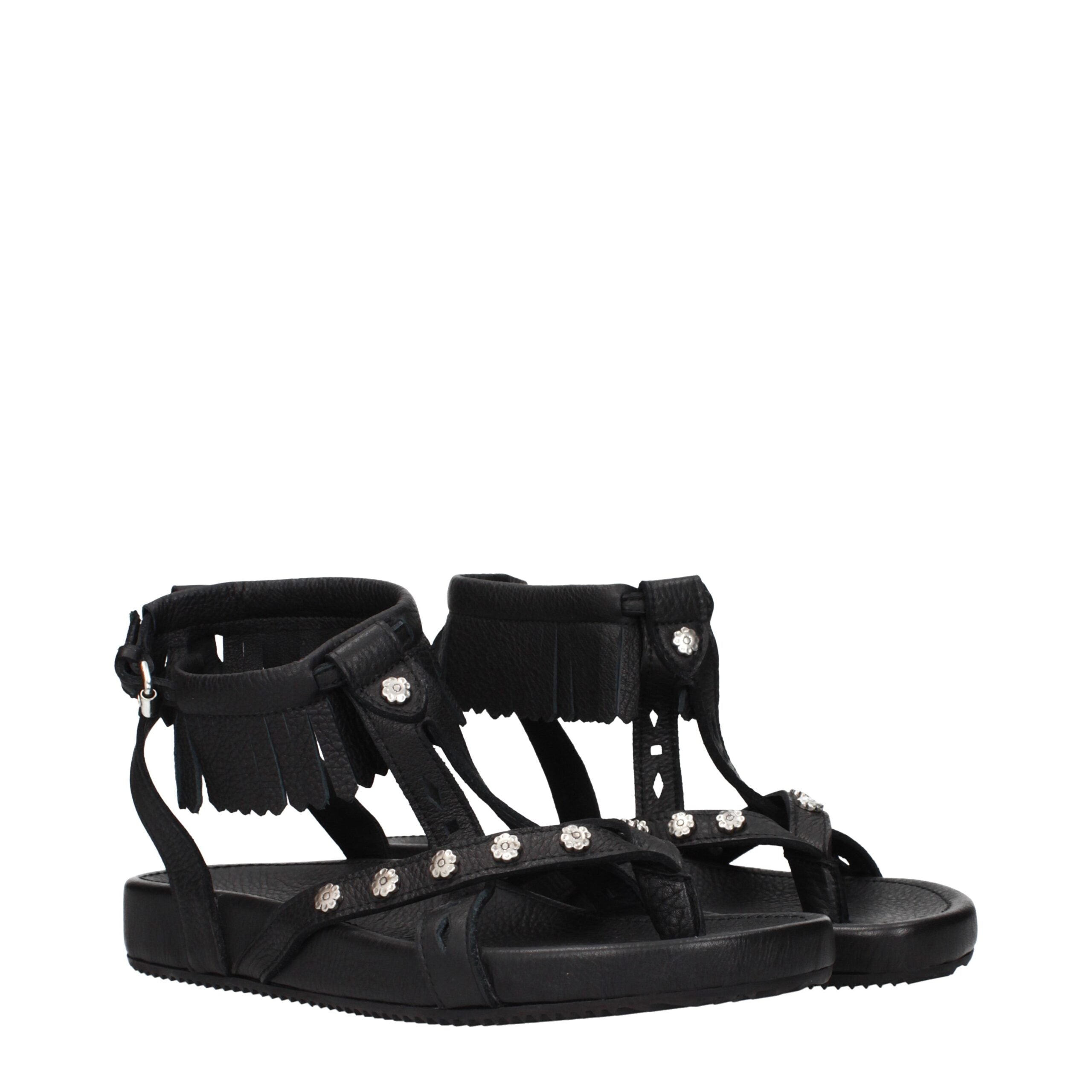 Black Leather Flat Sandals