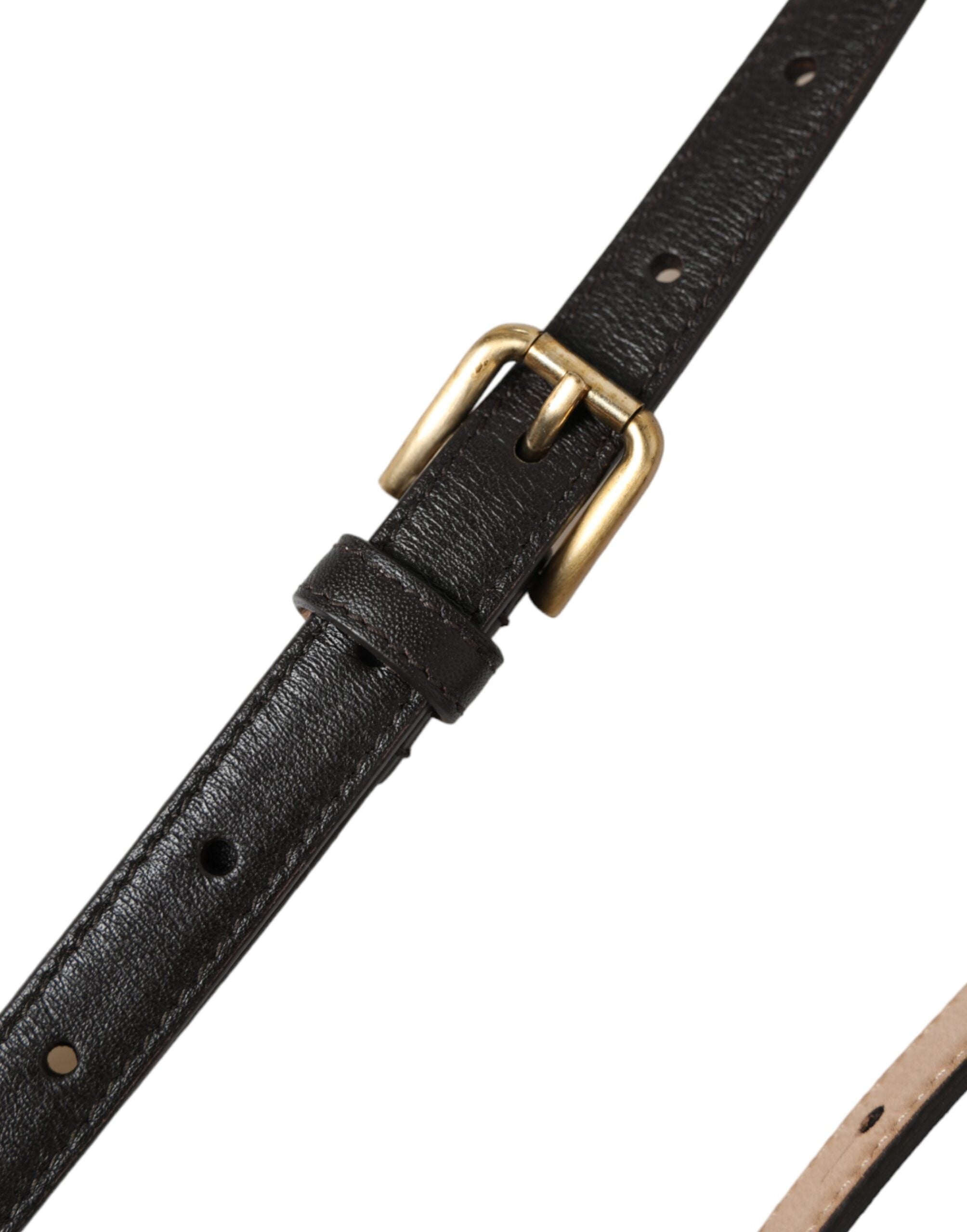 Black Leather Long Skinny Gold Metal Buckle Belt