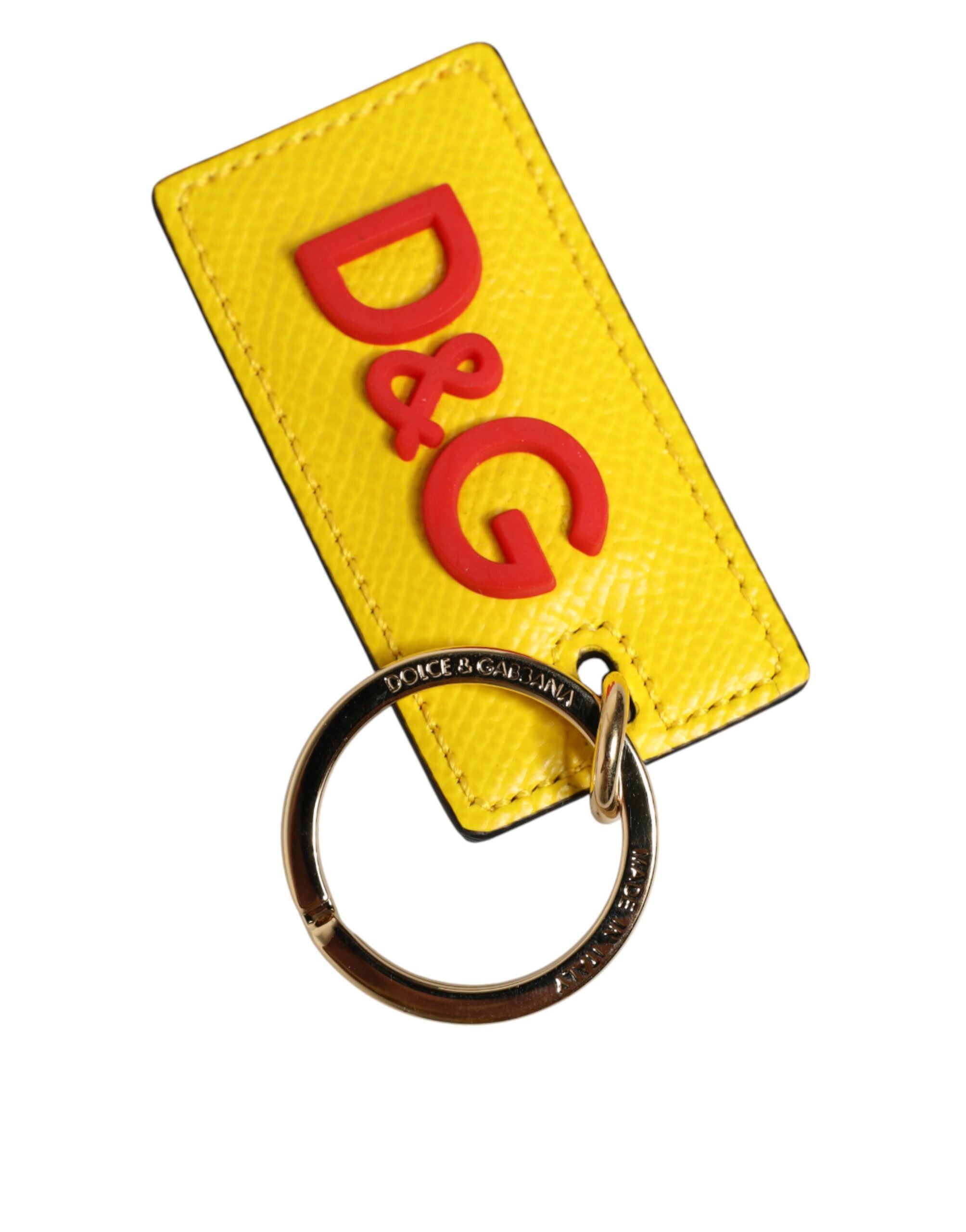 Yellow Calf Leather Logo Metal Ring Men Keychain Keyring