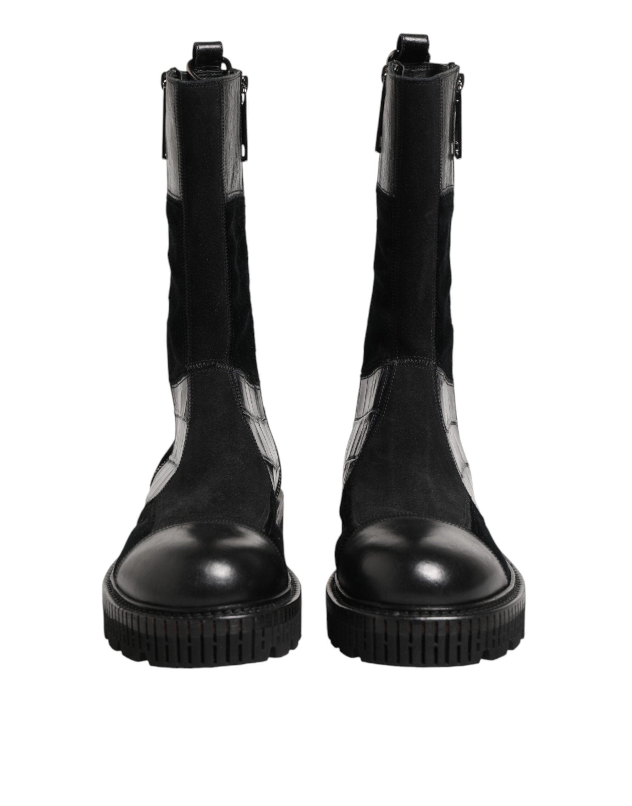 Black Patchwork Leather Mid Calf Boot  Shoes
