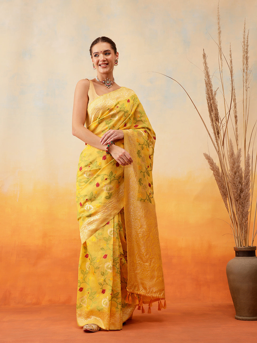 Cotton Jamdani Floral Work Ready to Wear Indian Saree