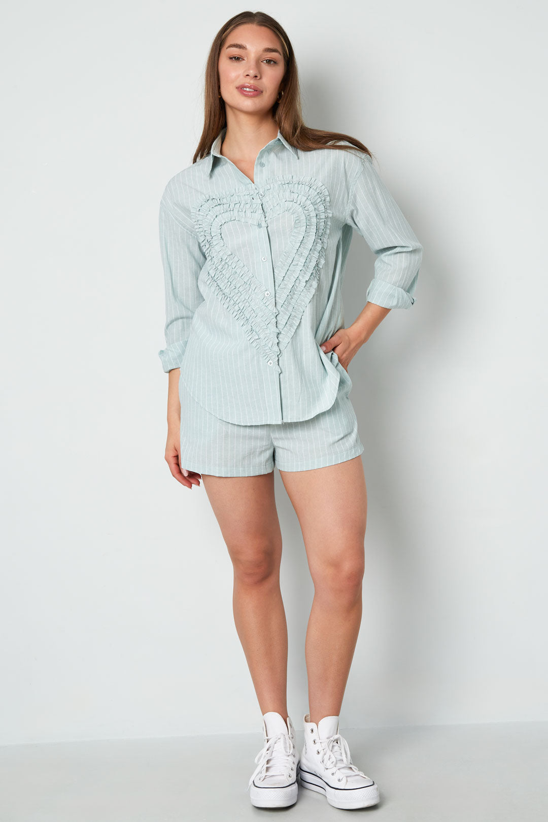 Cotton Woven Women's Blouse Casual Stripes Heart Ruffle Detail