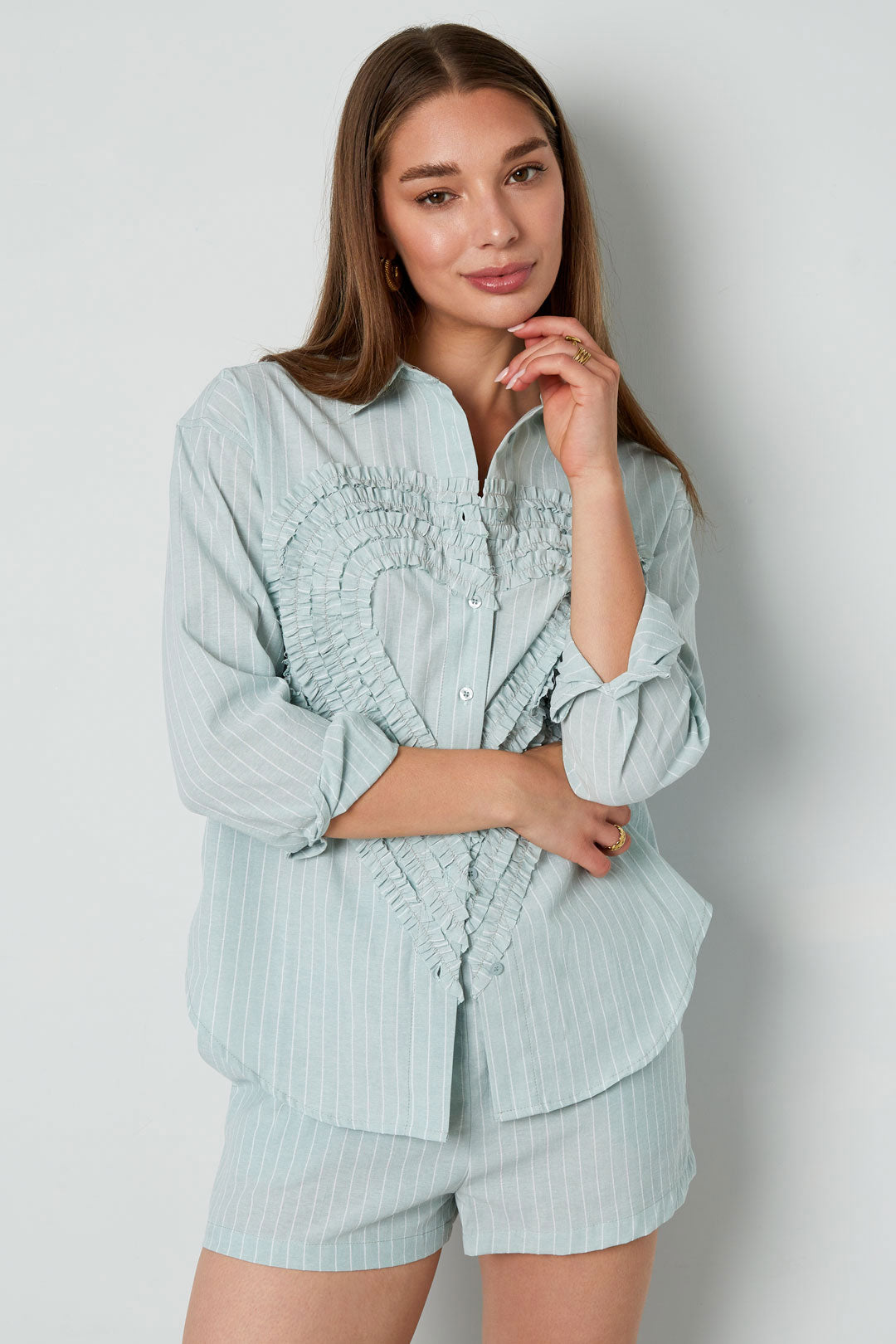 Cotton Woven Women's Blouse Casual Stripes Heart Ruffle Detail